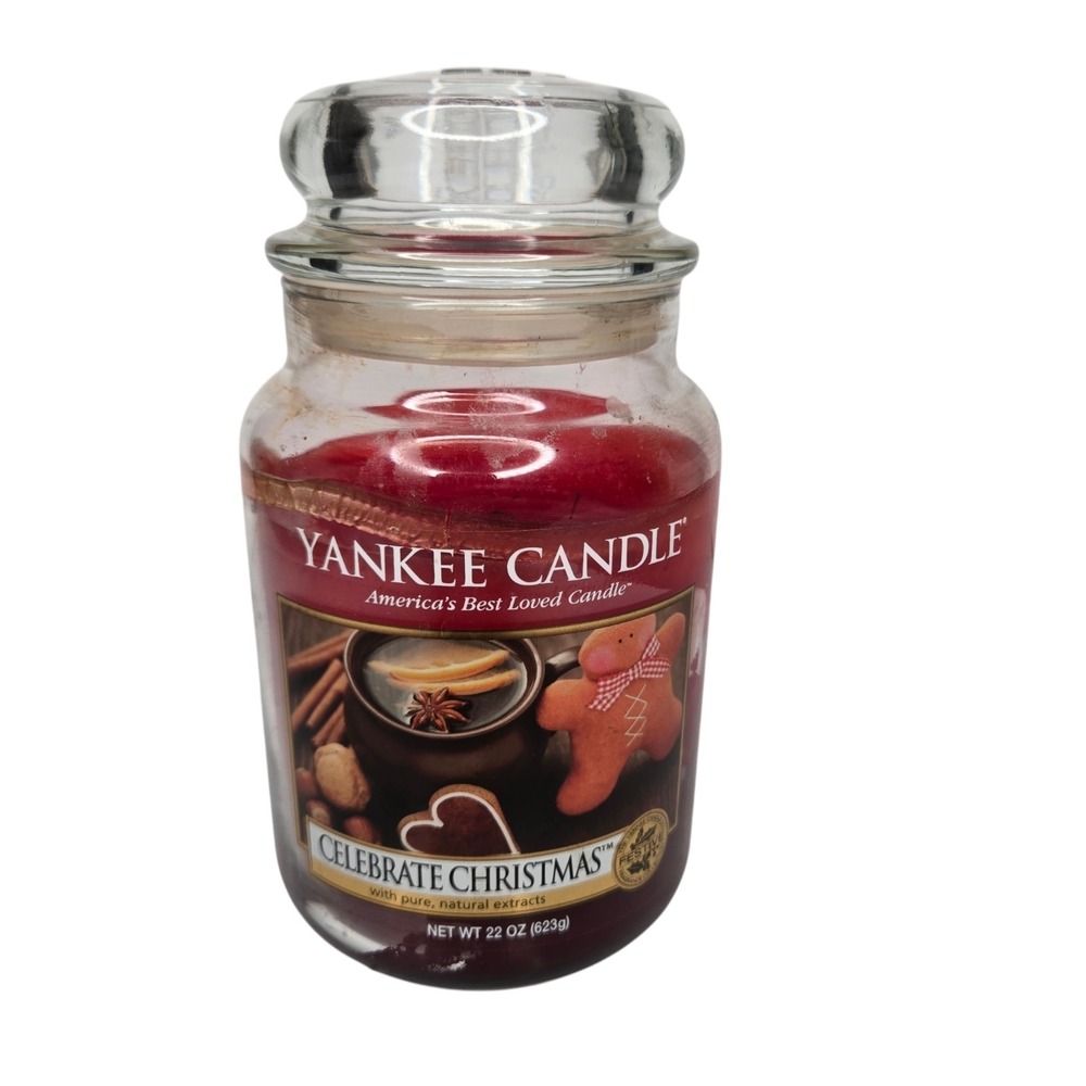 Yankee Candle CELEBRATE Christmas Large Jar 22 Oz Red Housewarmer Used